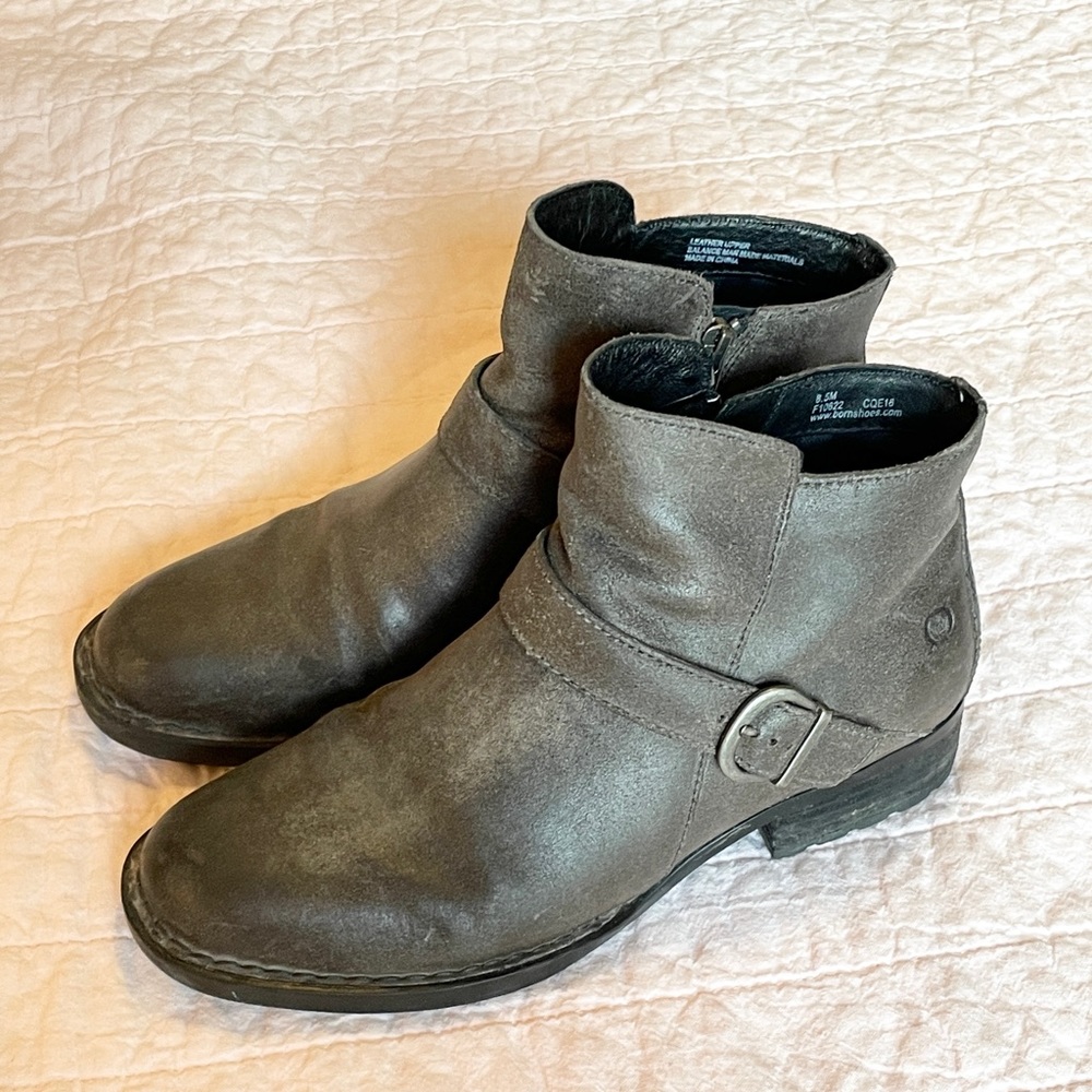Grey Leather Born Ankle Boots